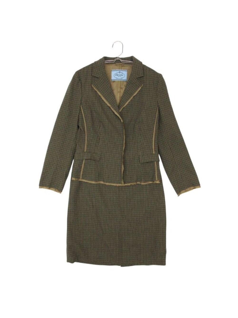 Prada Suit Skirt Set Terre Jacket Cutoff Piping Houndstooth Pattern Beige